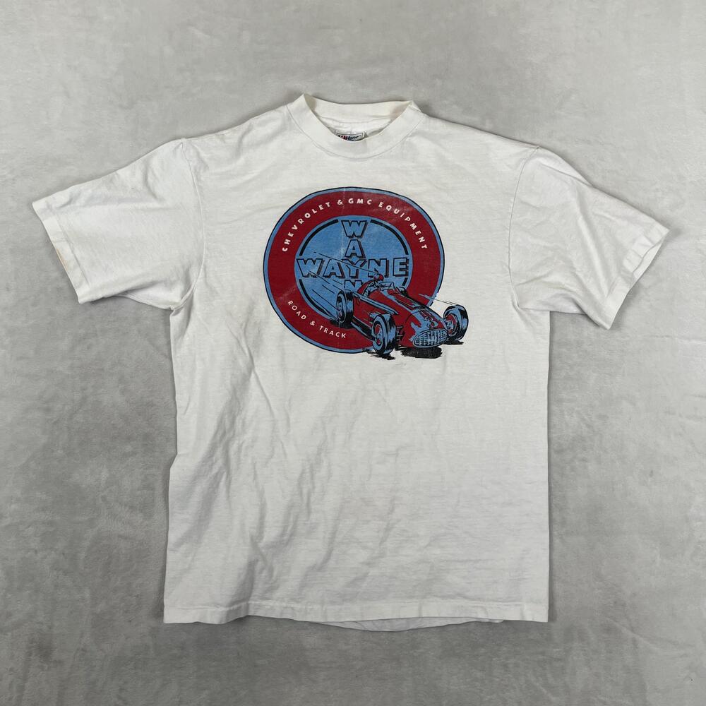 Vintage Wayne Chevrolet GMC T-Shirt Mens L White Hanes Race Car Single Stitch